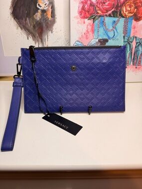 NWT Versace Blue Embossed Leather Wristlet Clutch